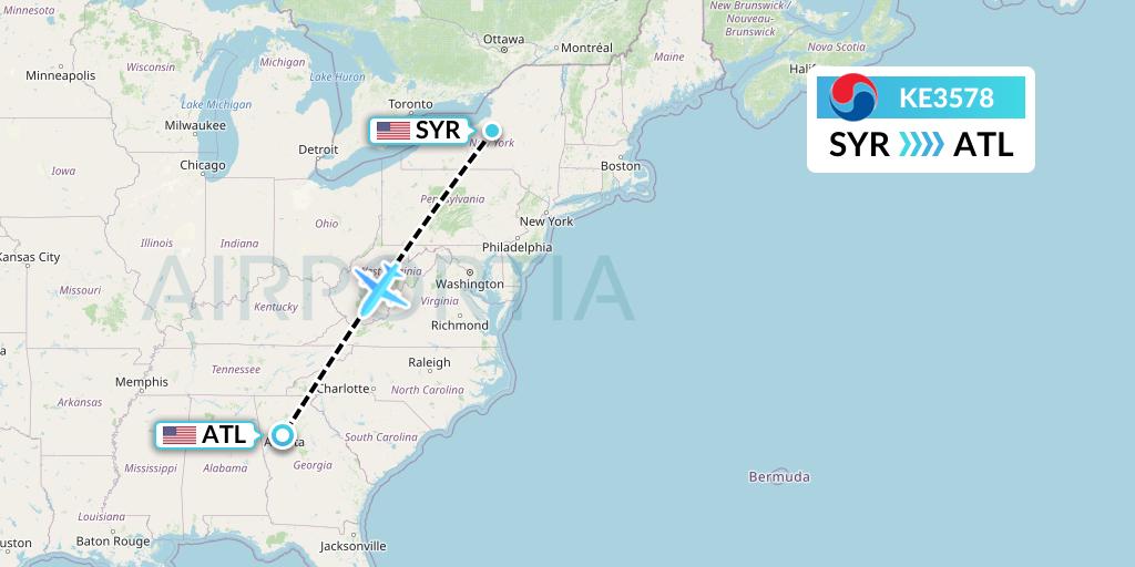 KE3578 Korean Air Flight Map: Syracuse to Atlanta