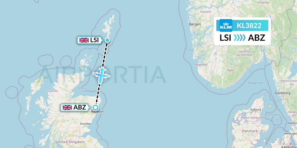 KL3822 KLM Flight Map: Sumburgh to Aberdeen