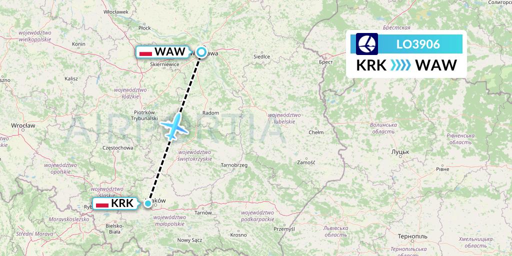 LO3906 LOT Flight Map: Krakow to Warsaw
