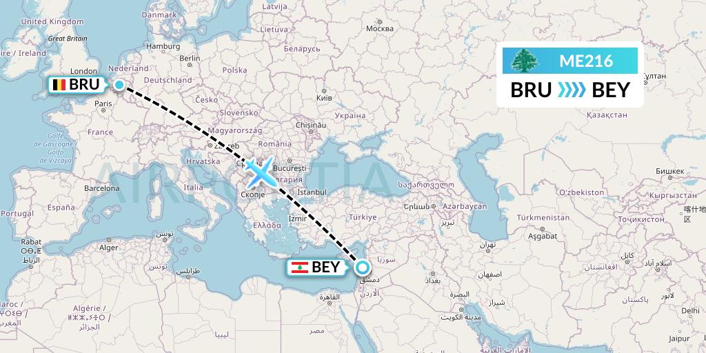ME216 MEA Flight Map: Brussels to Beirut