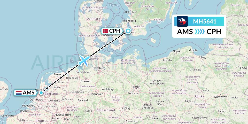 MH5641 Malaysia Airlines Flight Map: Amsterdam to Copenhagen