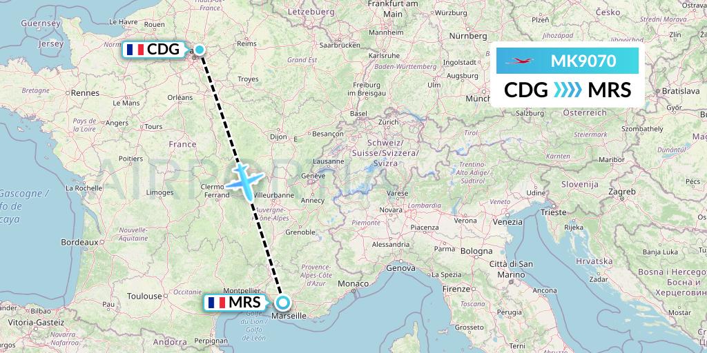 MK9070 Air Mauritius Flight Map: Paris to Marseille