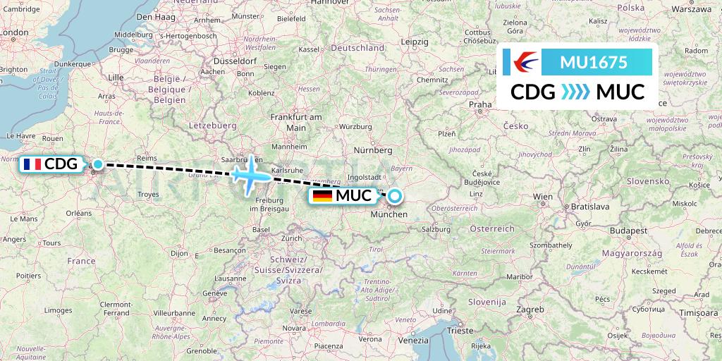 MU1675 China Eastern Airlines Flight Map: Paris to Munich