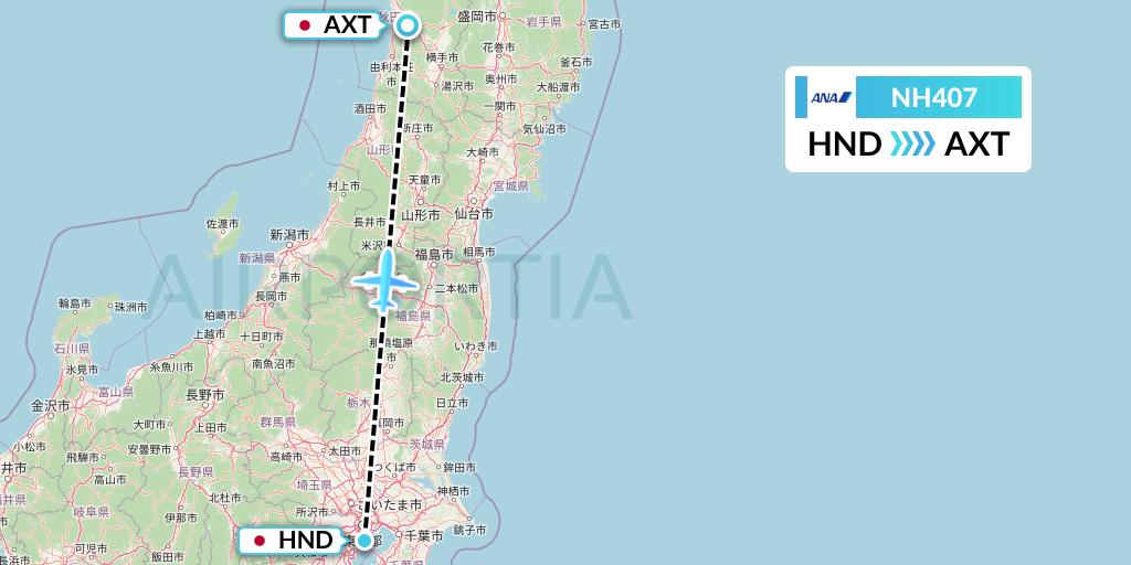 NH407 All Nippon Airways Flight Map: Tokyo to Akita
