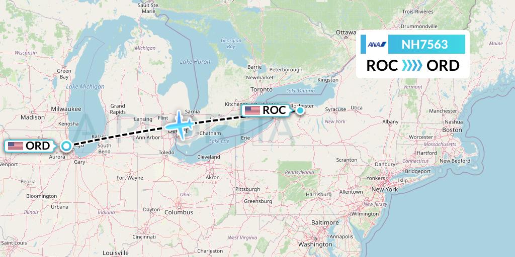NH7563 All Nippon Airways Flight Map: Rochester to Chicago