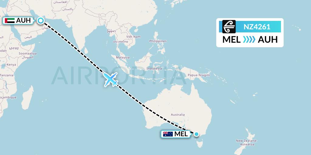 NZ4261 Air New Zealand Flight Map: Melbourne to Abu Dhabi