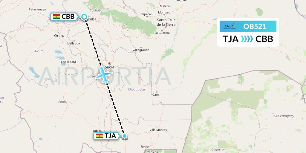 OB521 Boliviana de Aviacion Flight Map: Tarija to Cochabamba