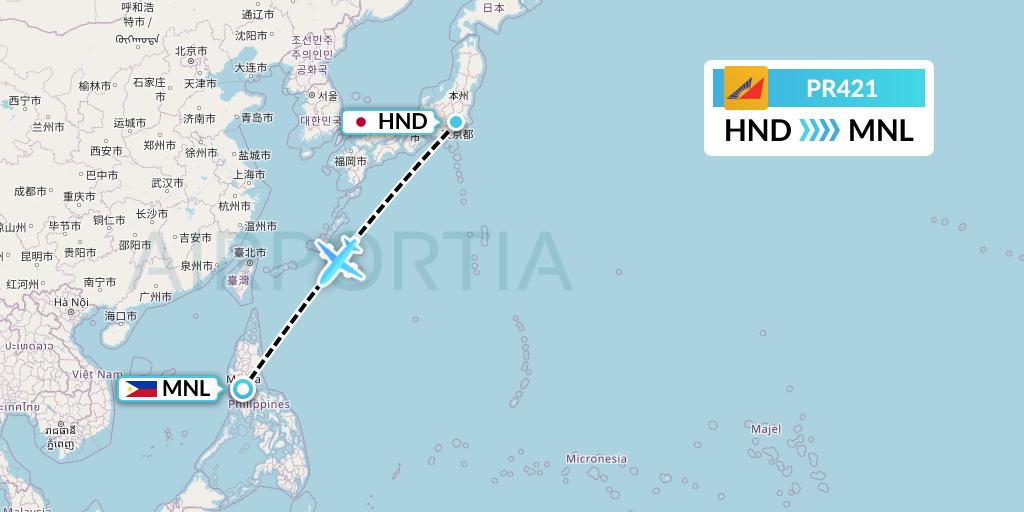 PR421 Philippine Airlines Flight Map: Tokyo to Manila