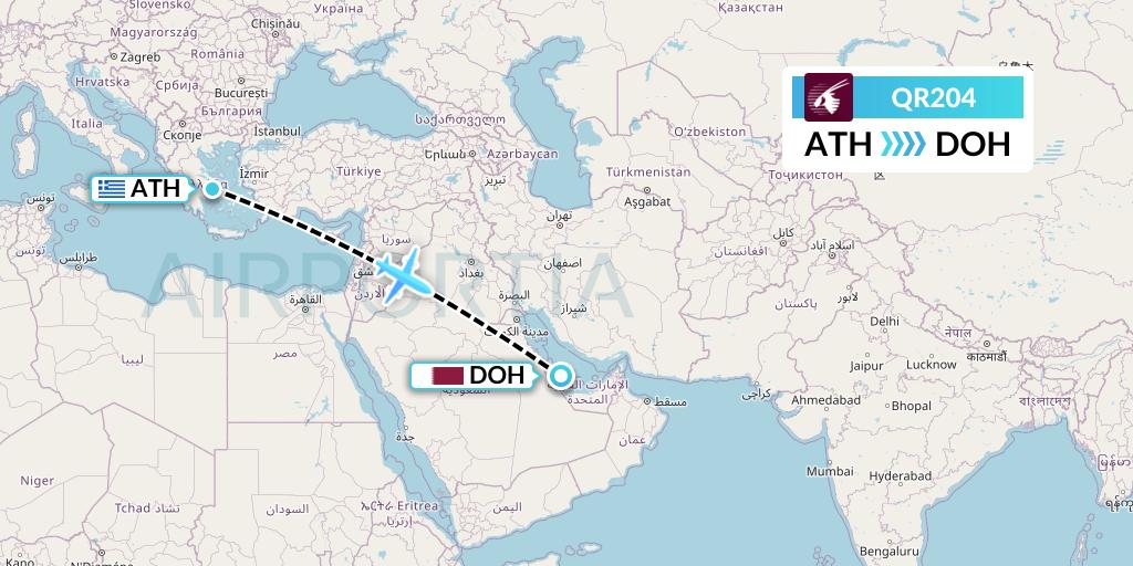 QR204 Qatar Airways Flight Map: Athens to Doha