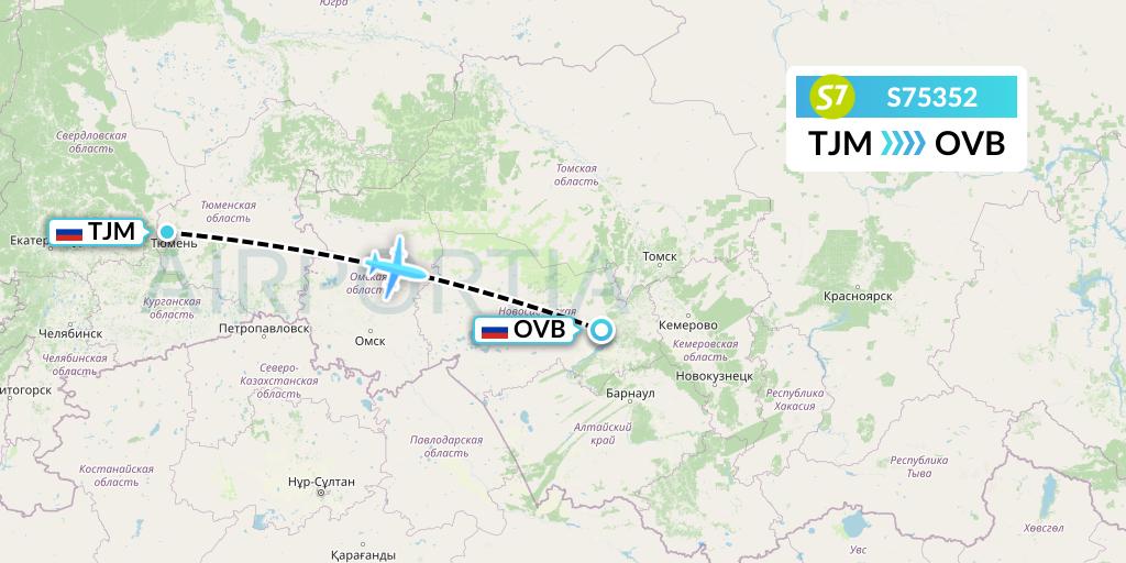 S75352 S7 Airlines Flight Map: Tyumen to Novosibirsk