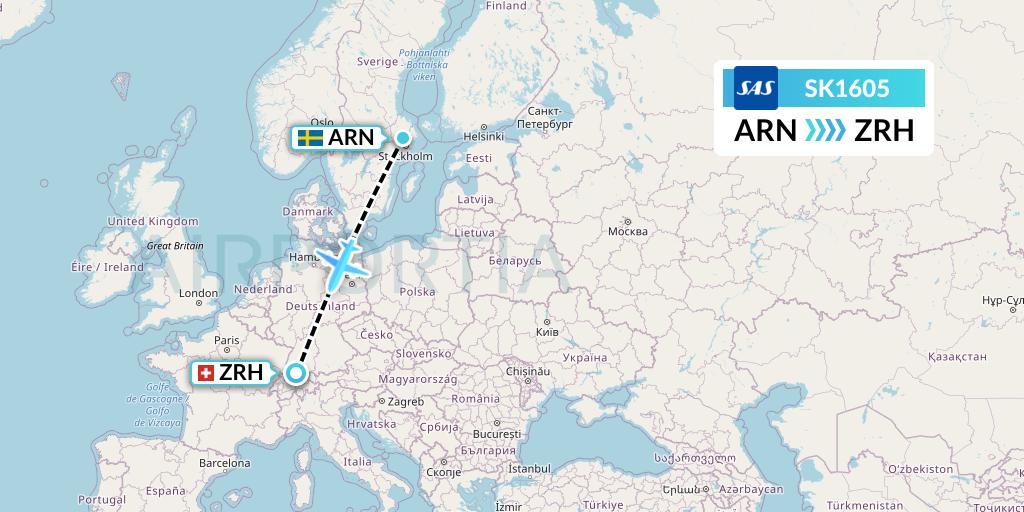 SK1605 SAS Flight Map: Stockholm to Zurich
