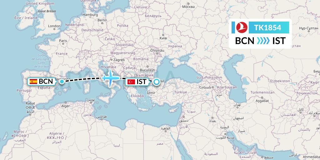 TK1854 Turkish Airlines Flight Map: Barcelona to Istanbul