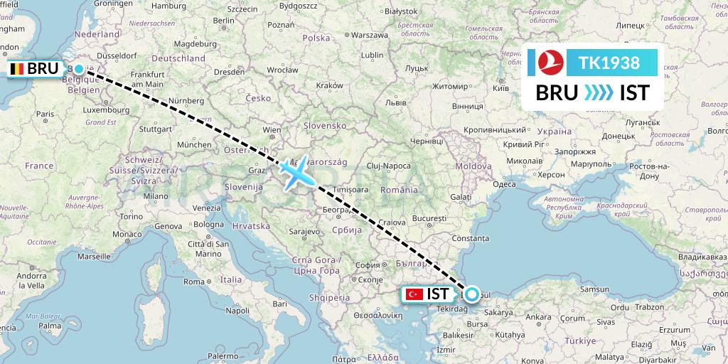 TK1938 Turkish Airlines Flight Map: Brussels to Istanbul