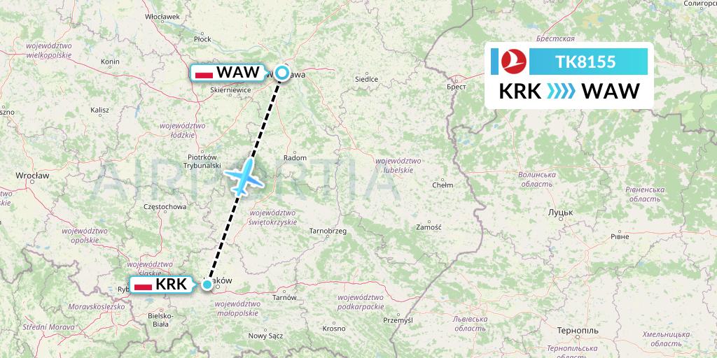 TK8155 Turkish Airlines Flight Map: Krakow to Warsaw