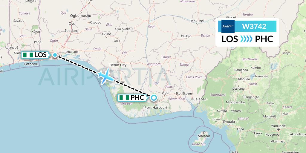 W3742 Arik Air Flight Map: Lagos to Port Harcourt