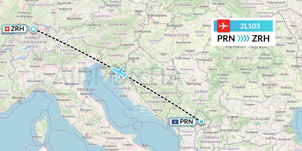 2L103 Helvetic Airways Flight Map: Pristina to Zurich