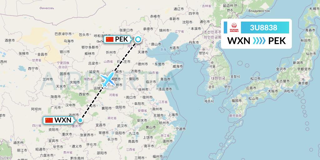 3U8838 Sichuan Airlines Flight Map: Wanzhou to Beijing