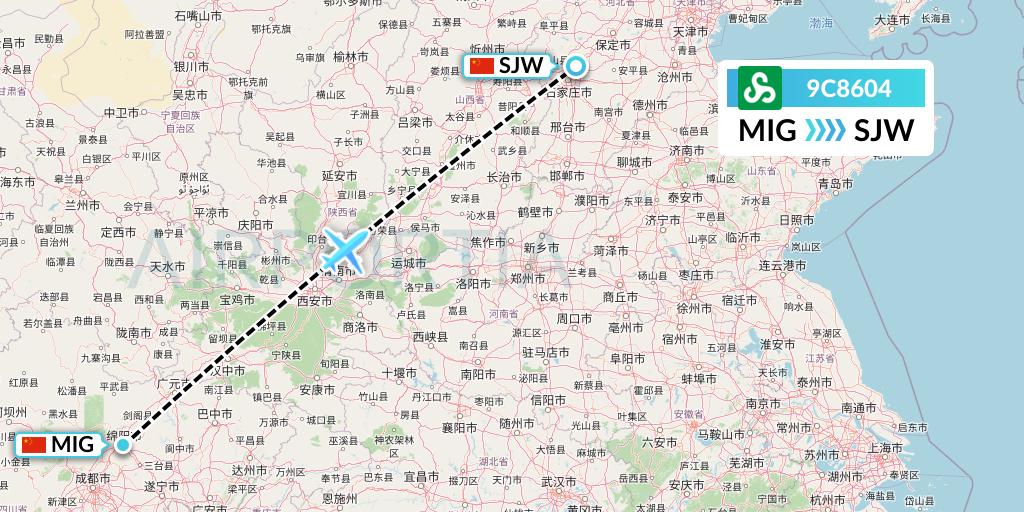 9C8604 Spring Airlines Flight Map: Mianyang to Shijiazhuang