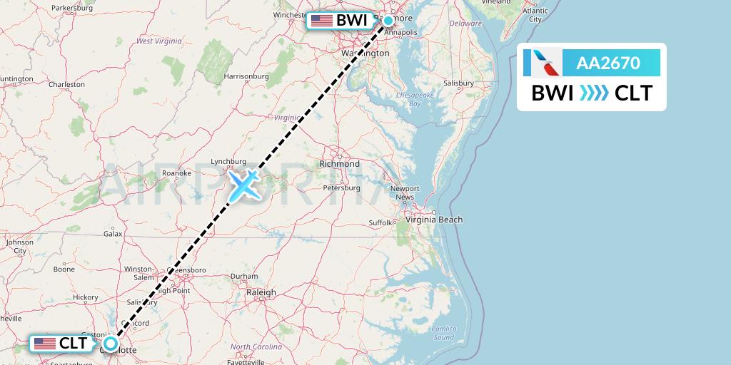 AA2670 American Airlines Flight Map: Baltimore to Charlotte