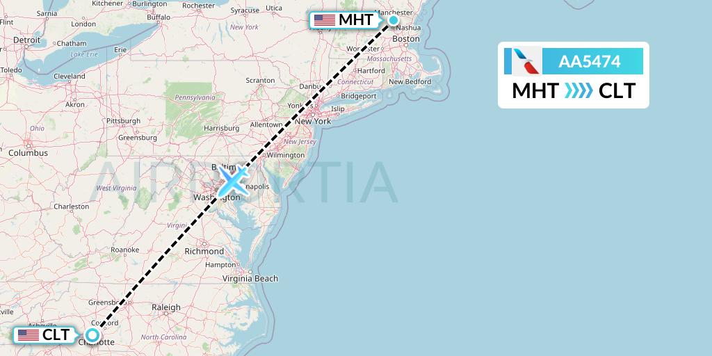 AA5474 American Airlines Flight Map: Manchester to Charlotte