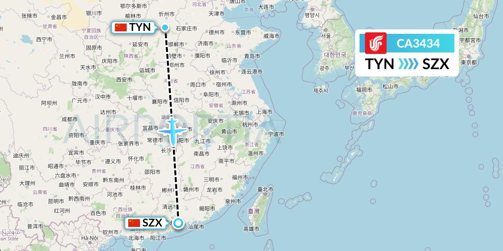 CA3434 Air China Flight Map: Taiyuan to Shenzhen