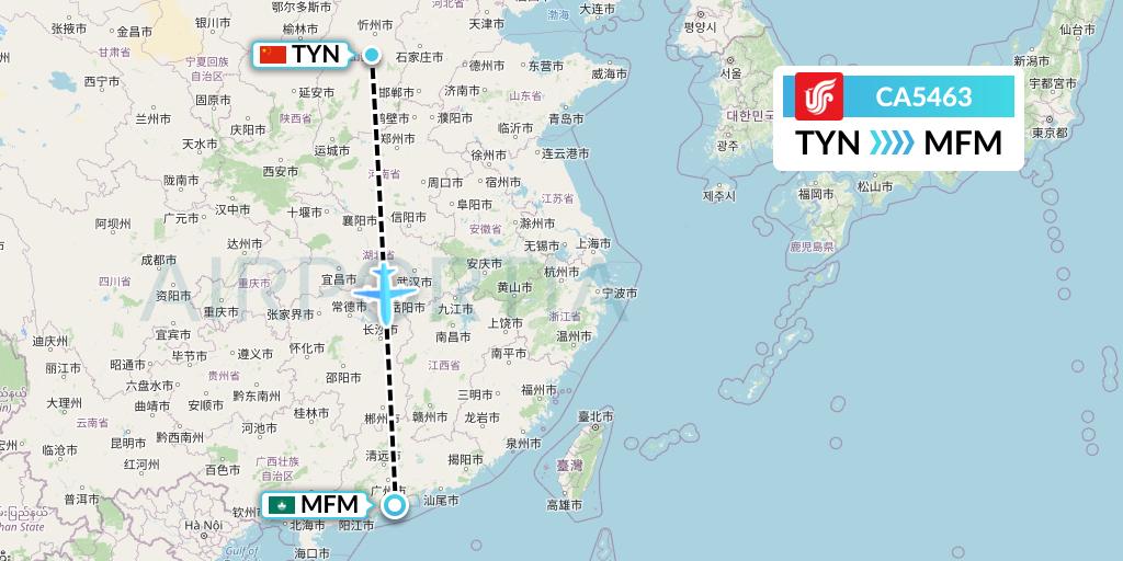 CA5463 Air China Flight Map: Taiyuan to Macau