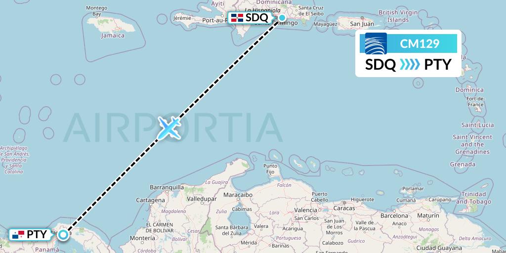 CM129 Copa Airlines Flight Map: Santo Domingo to Panama City