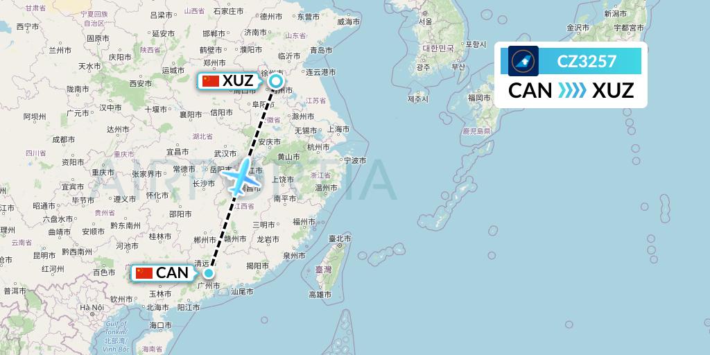 CZ3257 China Southern Airlines Flight Map: Guangzhou to Xuzhou
