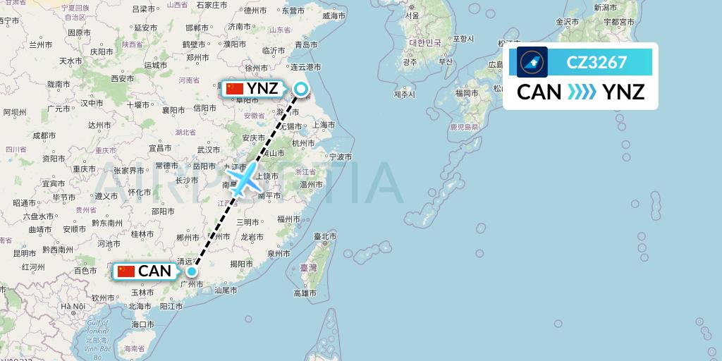 CZ3267 China Southern Airlines Flight Map: Guangzhou to Yancheng