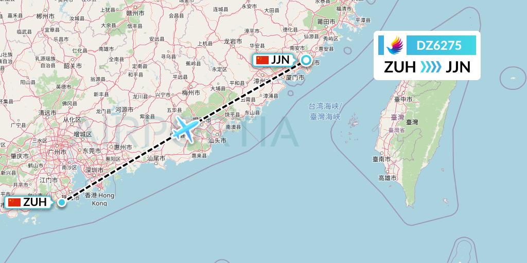 DZ6275 Donghai Airlines Flight Map: Zhuhai to Jinjiang