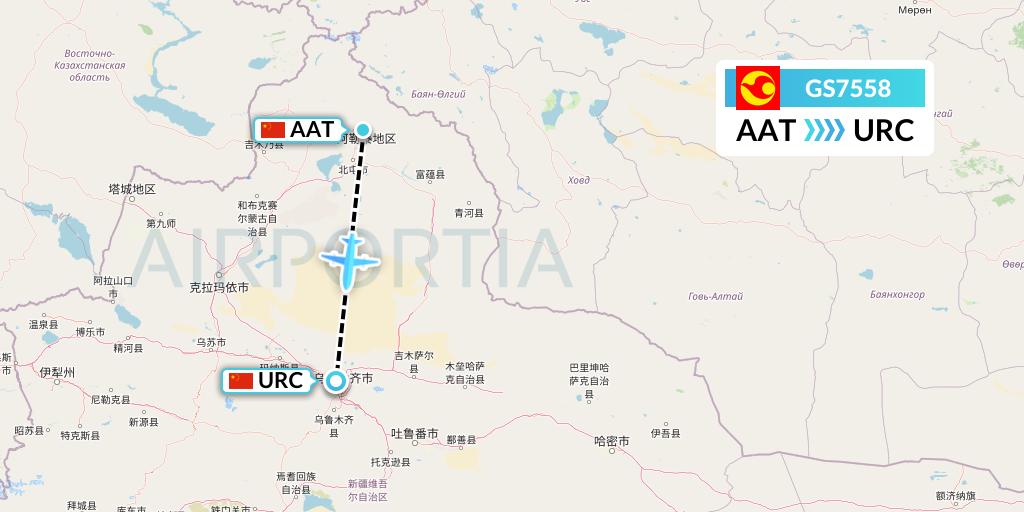 GS7558 Tianjin Airlines Flight Map: Altay to Urumqi