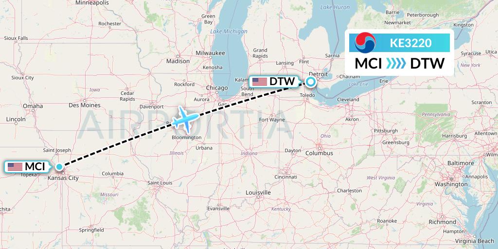 KE3220 Korean Air Flight Map: Kansas City to Detroit