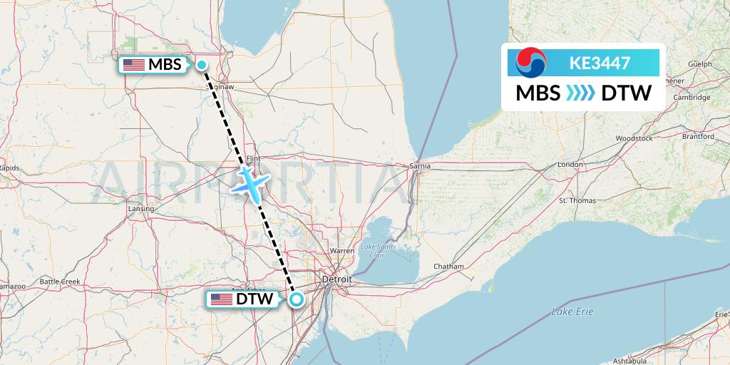 KE3447 Korean Air Flight Map: Saginaw to Detroit