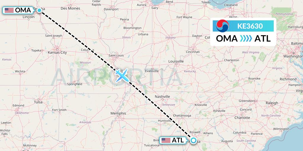 KE3630 Korean Air Flight Map: Omaha to Atlanta