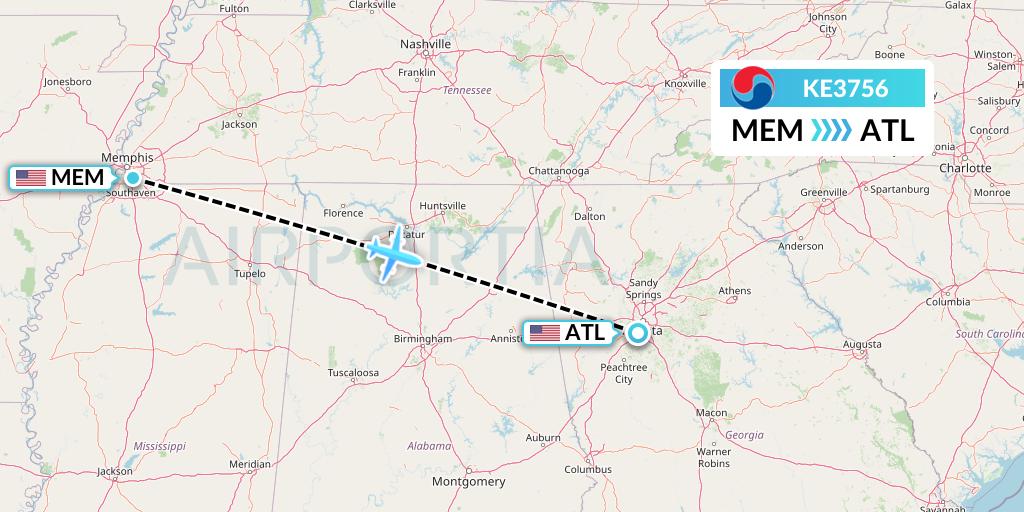 KE3756 Korean Air Flight Map: Memphis to Atlanta
