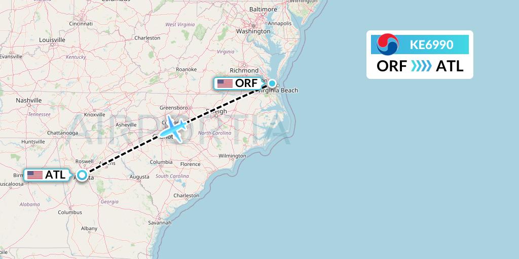 KE6990 Korean Air Flight Map: Norfolk to Atlanta