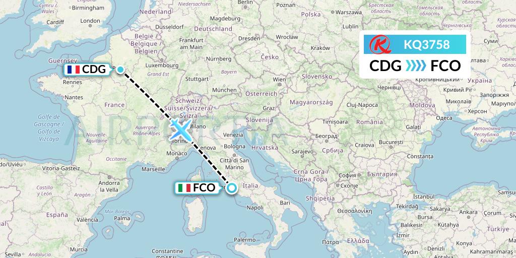 KQ3758 Kenya Airways Flight Map: Paris to Rome