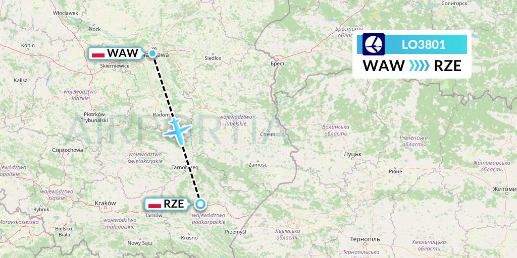 LO3801 LOT Flight Map: Warsaw to Rzeszow