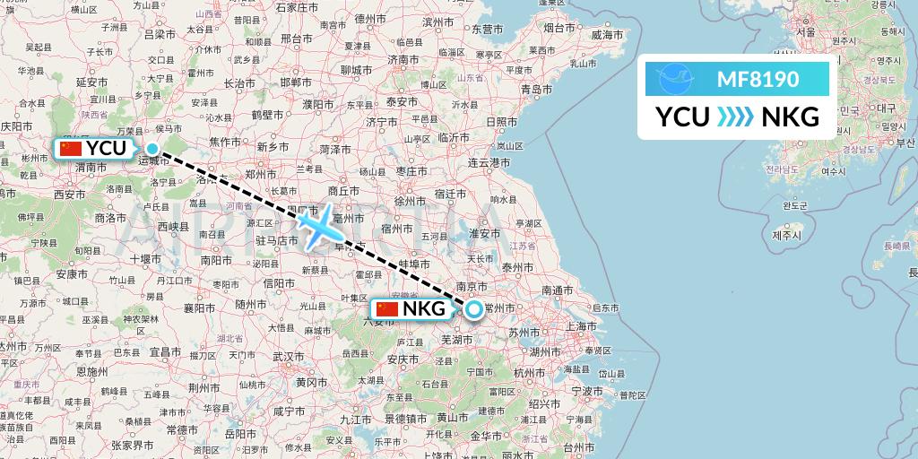 MF8190 Xiamen Airlines Flight Map: Yuncheng to Nanjing
