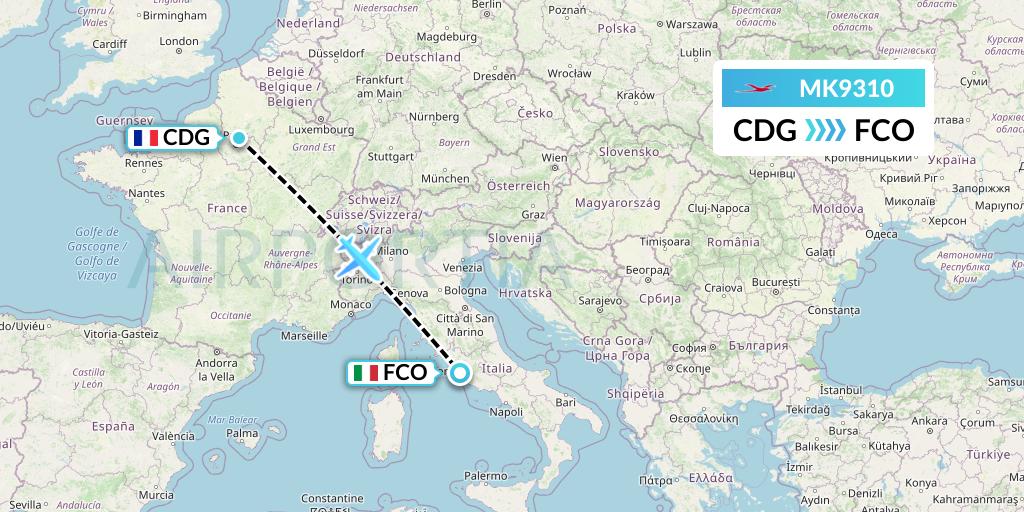MK9310 Air Mauritius Flight Map: Paris to Rome