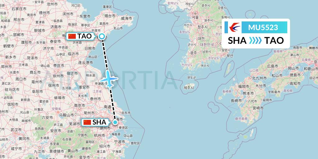 MU5523 China Eastern Airlines Flight Map: Shanghai to Qingdao
