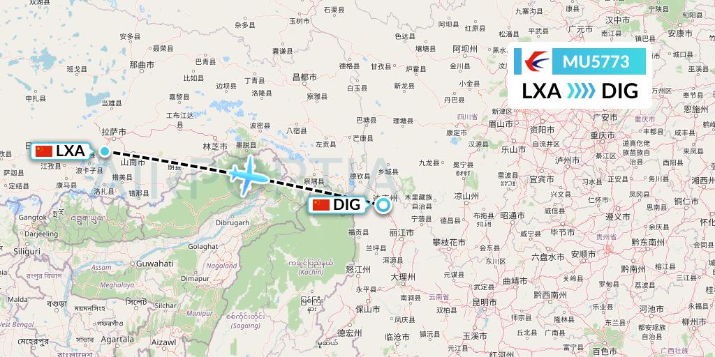 MU5773 China Eastern Airlines Flight Map: Lhasa to Shangri-La