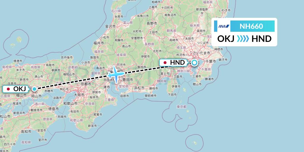 NH660 All Nippon Airways Flight Map: Okayama to Tokyo