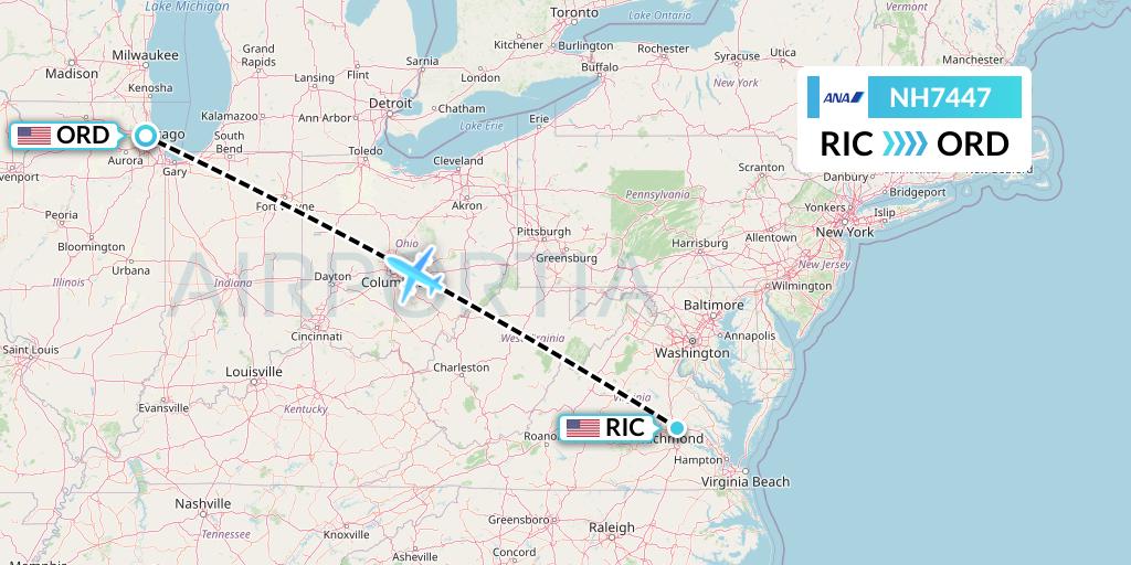 NH7447 All Nippon Airways Flight Map: Richmond to Chicago