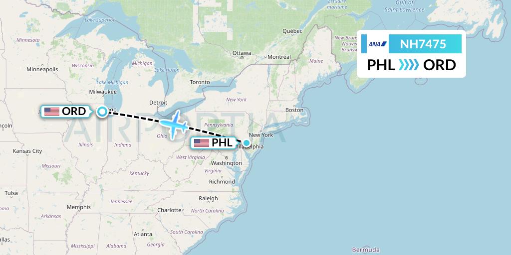 NH7475 All Nippon Airways Flight Map: Philadelphia to Chicago