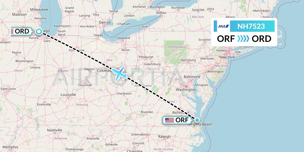 NH7523 All Nippon Airways Flight Map: Norfolk to Chicago