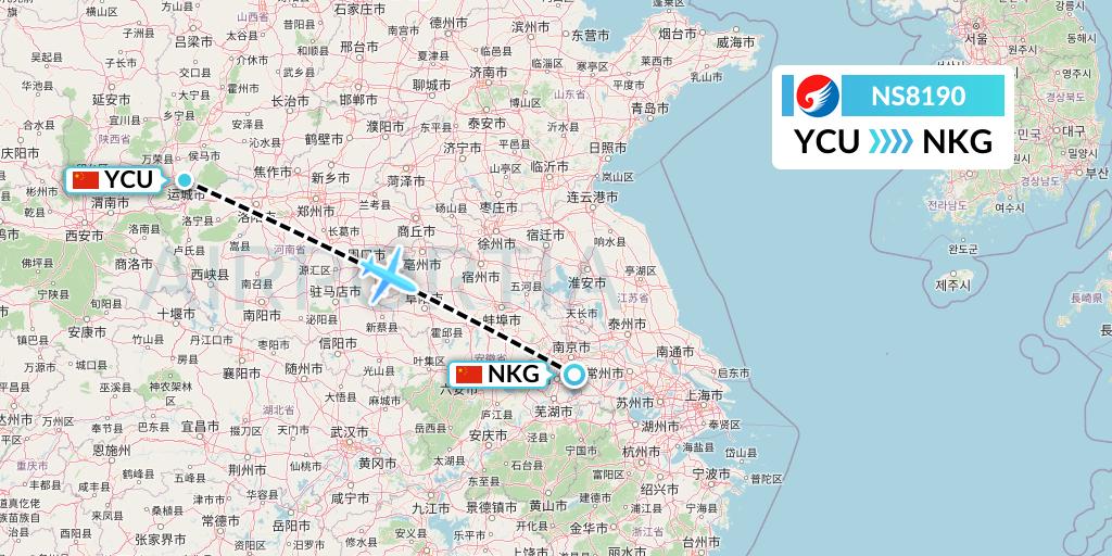 NS8190 Hebei Airlines Flight Map: Yuncheng to Nanjing