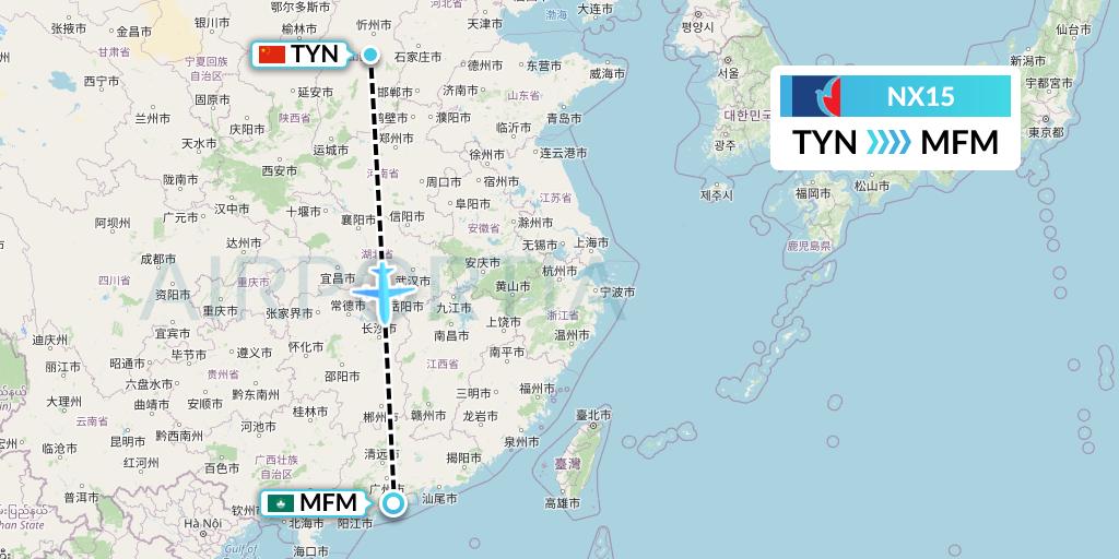 NX15 Air Macau Flight Map: Taiyuan to Macau