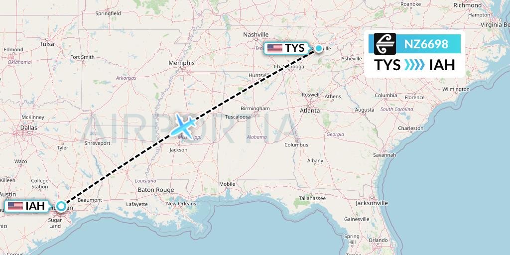 NZ6698 Air New Zealand Flight Map: Knoxville to Houston