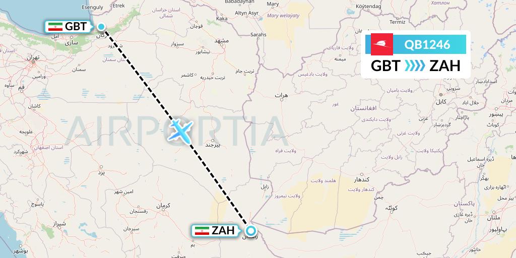 QB1246 Qeshm Airlines Flight Map: Gorgan to Zahedan
